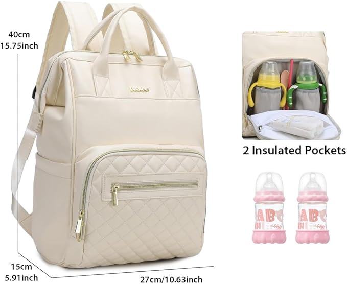 Baby Diaper Bag Backpack, Vegan Leather Diaper Backpack with Laptop Compartment 15.6 inch, Baby Bag Large Capacity, Waterproof Travel Backpack (Beige)