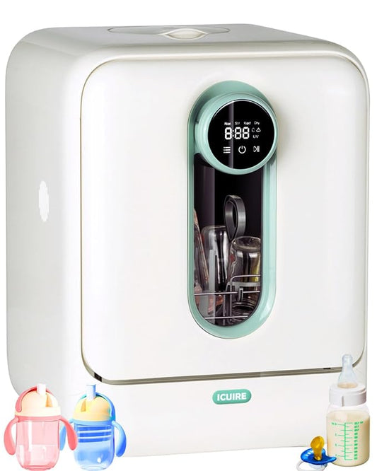 ICUIRE Baby Bottle Washer and Sterilizer and Dryer, 131-167°F High Temperature Sterilize for Baby Stuff, 3.2L Water Tank to Clean Bottles, Pump Part &Pacifiers&Bowl, Newborn Parents One-Hand Operation