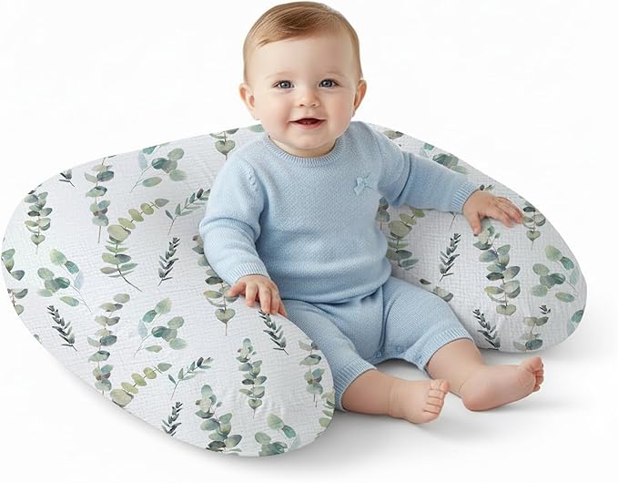Little Grape Land Muslin Nursing Pillow, Soft 100% Cotton Breastfeeding Pillow with Breathable Removable Cover, Green Leaves Breast Feeding Pillows for Babies 0-12 Months with Protective Zipper