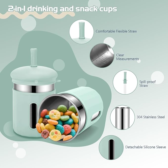 Stainless Steel Kids Cups, 12.51 oz Toddler Tumbler with Straws and Lids, Spill-Proof Baby Smoothie Cups with Silicone Sleeve, Versatile 2-in-1 Drinking Snack Cups for Kids, 4 Colors B