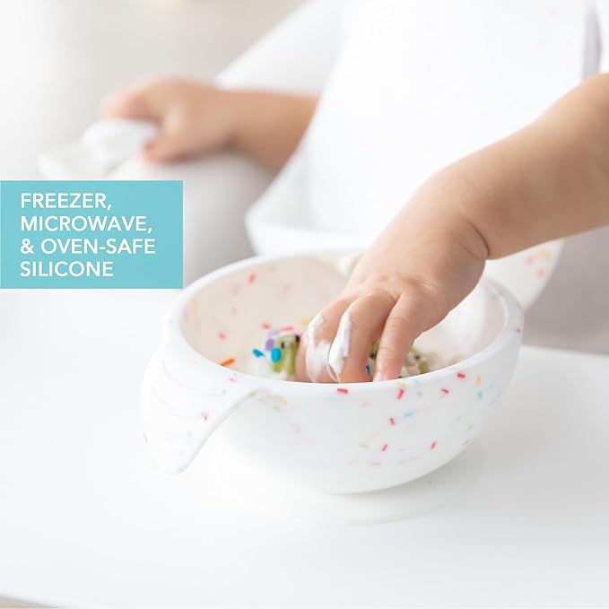 Bumkins Baby Bowls, Silicone Baby Feeding Set, Suction Bowls for Baby and Toddler with Spoon and Lid, First Feeding Set, Platinum Silicone Bowl for Babies 4 Months