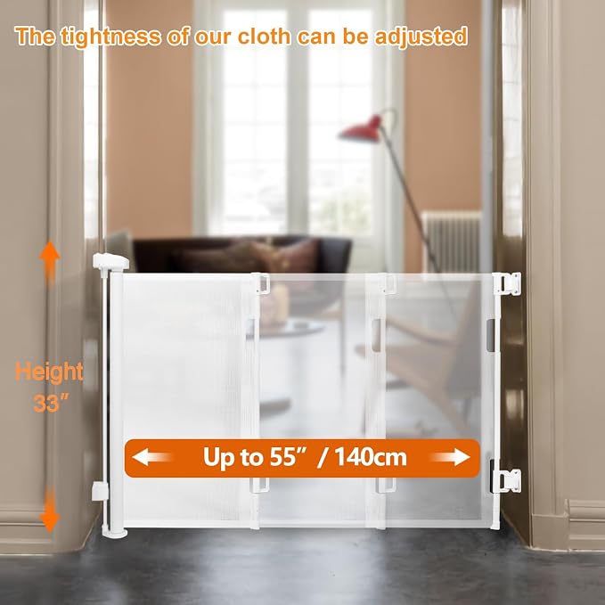 Retractable Outdoor Gate,Mesh Gate Outdoor for Babies and Pets 33.8" Tall Extends to 55.1" Wide, Retractable Mesh Gate for Doorways, Stairs, Hallways, Indoor/Outdoor(White)