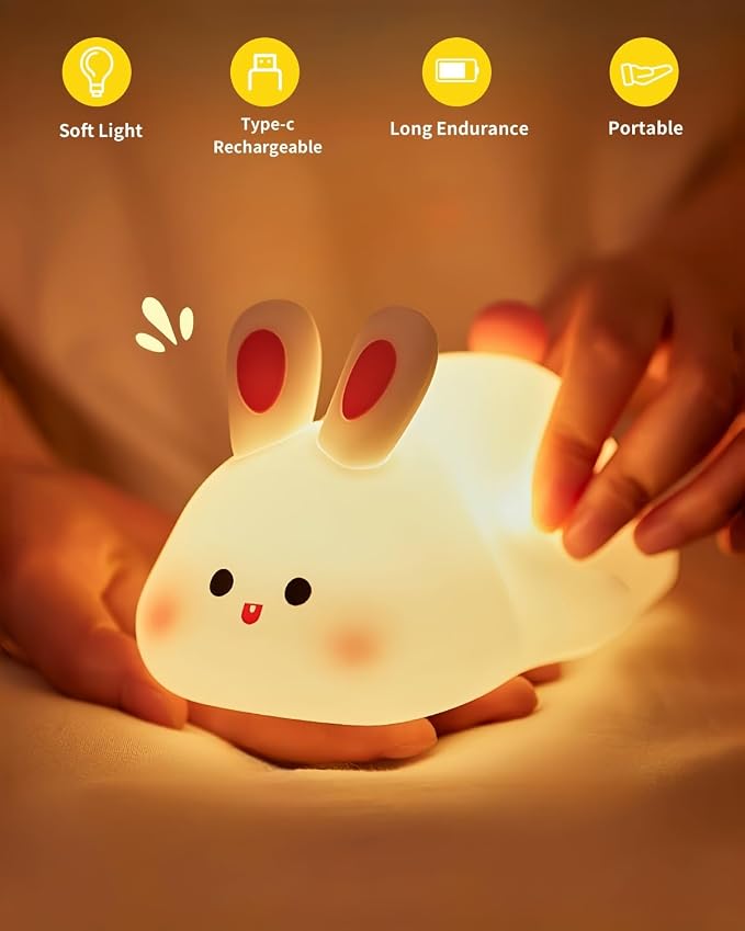 Big Face Rabbit Night Light for Kids, Squishy Silicone Bunny Lamp with Touch Control, 3 Brightness Levels, 30-Min Auto-Off Timer, Rechargeable Bedside Nursery Lamp