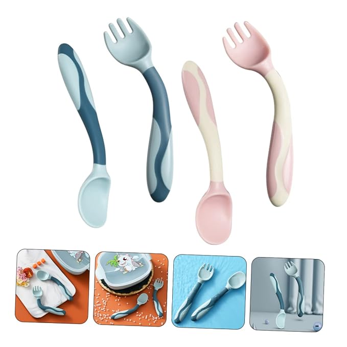 Alipis 2 Sets Bendable Utensils Flexible Silicone Fork Spoon for Non Slip Handle Portable Food Grade Tableware for Complementary Food Training