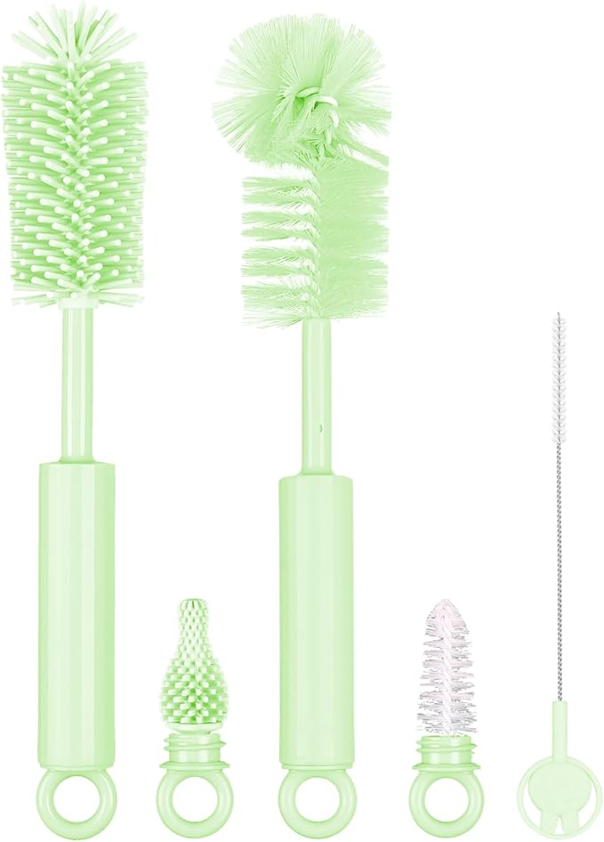 Silicone Bottle Brush Set - 5 in 1 Silicone & Nylon Bottle Cleaner Multipurpose for Straw, Nipple, Thermos, Sport Bottles - Green