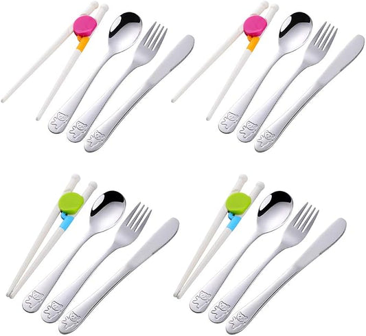 Stainless Steel Kids Utensils with Training Chopsticks | Toddler Silverware | Kids Silverware | Spoon + Fork + Knife + Chopsticks set | 4-12 Years+ | 12 Pieces | Dishwasher Safe | Silver