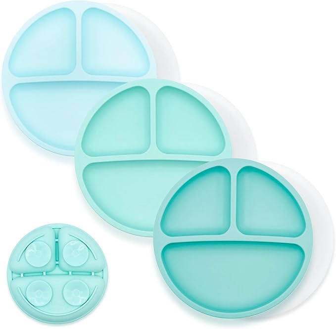 WeeSprout Suction Plates for Babies With Lids & Toddlers - 100% Silicone, Dinnerware Stays Put, Divided Design for Picky Eaters, Microwave & Dishwasher Friendly, 3 Pack