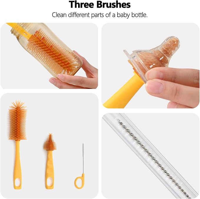 Portable Baby Bottle Brush Kit Premium Silicone Bottle Cleaner Brush, Nipple Brush, Straw Brush, Soap Dispenser, Bottle Drying Rack, and a Storage Organizer Case for Both Home and Travel Uses (Green)