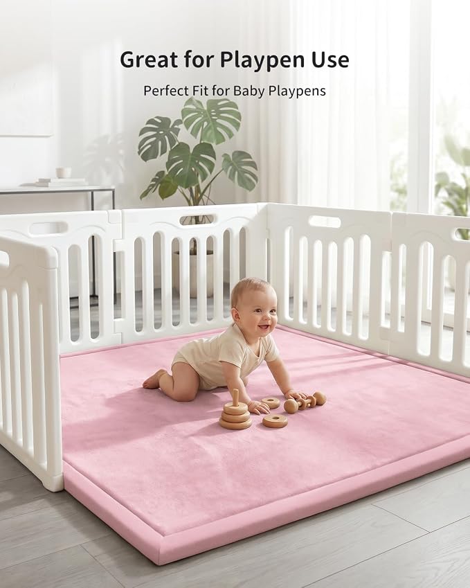 Goyuu Ultra Soft 1.3" Thick Baby Play Mat for Floor, 79x59 Playpen Mat Elasti-Foam Padded Crawling Mat for Babies, Toddlers, Infant, Kids, Non-Slip Backing Safe for Tummy Time Pink