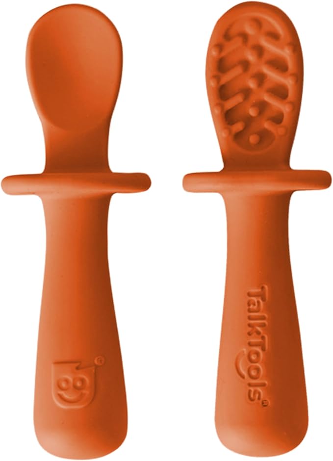 TalkTools ITSY Tiny Silicone Spoons ??Twin Pack Soft Silicone Self-Feeding Training Spoons for Kids & Toddlers, Anti-Choking Flange Guard and Non-Slip Handle (Tangerine)