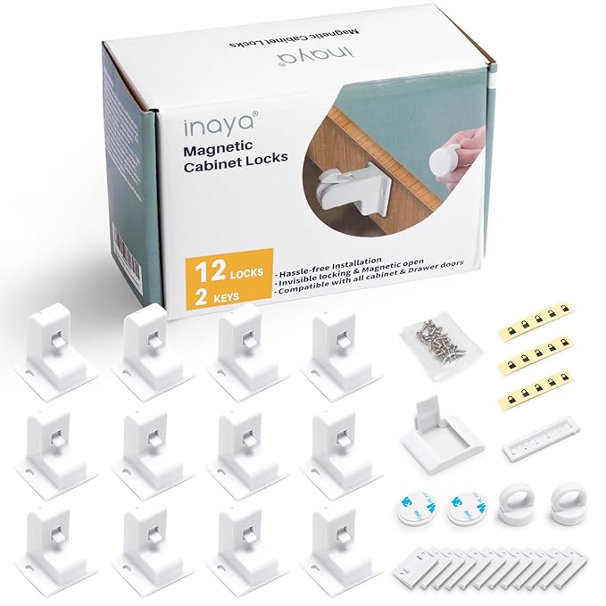 Inaya Magnetic Cabinet Locks Baby Proofing, 12 Locks & 2 Keys, Child Proof Magnet Locks for Cabinet Drawers with Invisible Design, 3M Adhesive for Easy Installation - No Drill & Tools Needed