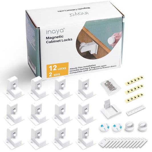 Inaya Magnetic Cabinet Locks Baby Proofing, 12 Locks & 2 Keys, Child Proof Magnet Locks for Cabinet Drawers with Invisible Design, 3M Adhesive for Easy Installation - No Drill & Tools Needed