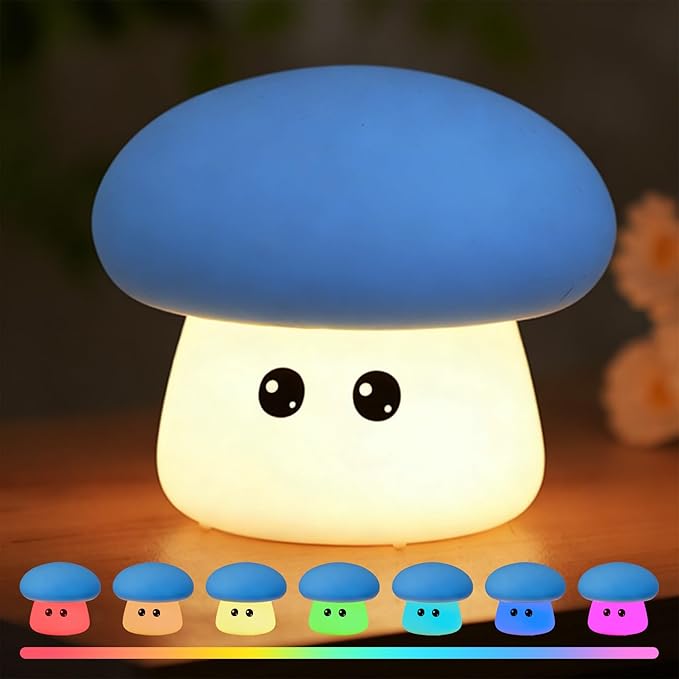 Cute Blue Mushroom Night Light for Kids Rechargeable, Battery Operated Nightlight 3 Level Dimmable with RGB&Timer, Silicone Touch Nursery Lamp for Baby Girls Boys Bedroom Gifts