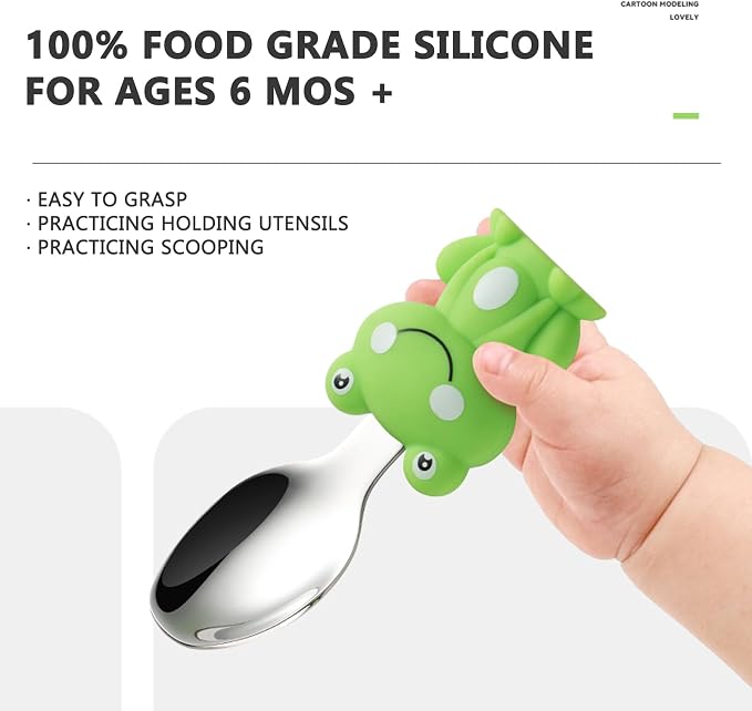 Toddler Utensils 4-Pack, Stainless Steel Toddler Forks and Spoons Set with Cute Frog & Corn Silicone Handles, Baby Kids Utensils, Children Safe Forks and Spoons Dishwasher Safe