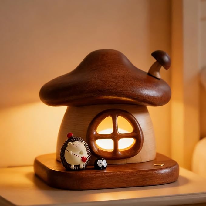 LONRISWAY Cordless Wood Mushroom Lamp, Small Battery Operated Wooden Table Lamp Portable Night Light, 3-Color Touch Control Wireless Stepless Dimming for Bedroom Nightstand for Birthday Gifts