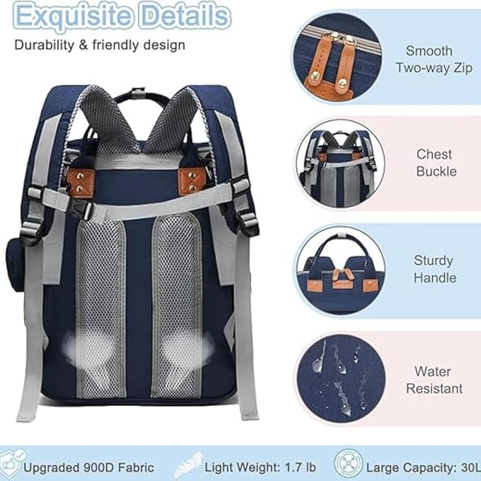 Diaper Bag With Changing Pad, Travel Waterproof Bagpack Diaper Bag For Mom Dad With USB Charging Port, Large Capacity & Multifunctional With Insulated Pacifier Case -Dark Blue