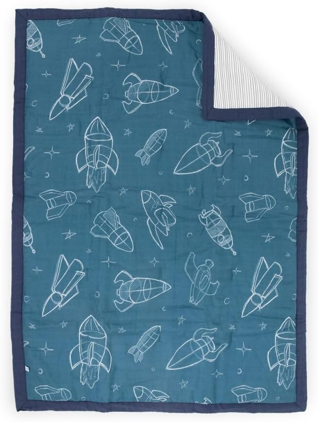 Little Unicorn Muslin Comforter Blanket | Soft & Breathable Muslin Fabric | 36"x50" | 100% Cotton | Crib & Toddler Bed Blanket (Blast Off)