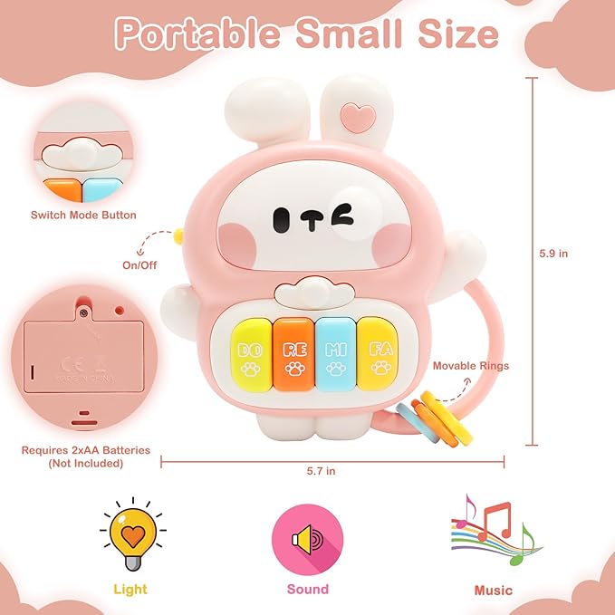 Baby Musical Toys 6-12 Months, Rabbit Piano for Baby Musical Toys for Toddlers 1-3, Busy Board with Music & Light, Birthday Toy for Infant Toddler 1 Year Old Boy Girl Gifts (Pink)