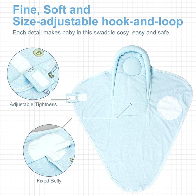 Organic Cotton Soft Baby Swaddle Blankets, Unisex Baby Blanket Wrap for Newborn Baby Boys Girls, Skin Friendly Wearable Swaddling Sleep Sack Calms Startle Reflex (Button, Blue, 0-3 Months)