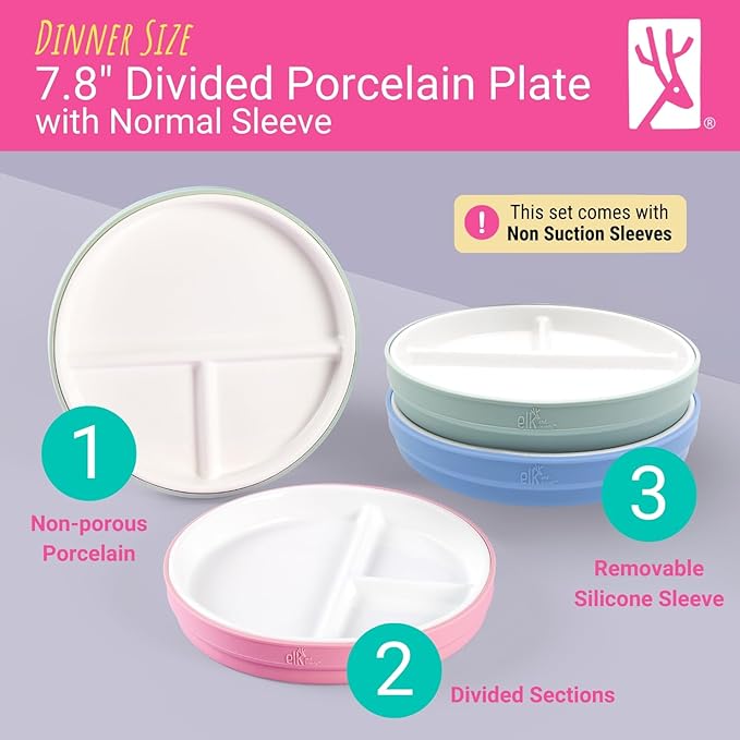 Elk and Friends Kids 7.8??Porcelain Divided Plates with Silicone Sleeves | Suitable for Babies/Kids/Toddlers | Microwave & Dishwasher Safe | Non Slip | Snack Dishes