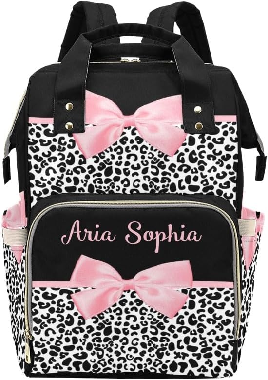 Personalized Diaper Backpack Pink Bow Leopard Print Multi Function Diaper Bag Travel Daypack Nursing Nappy Bag