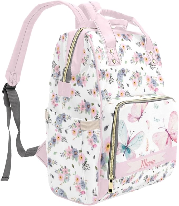 Custom Diaper Bag Backpack with Name Personalized Floral Butterfly Nappy Bag for Mommy Mother's Day Gift Customized Adjustable Shoulders Nursing Bag Daypack