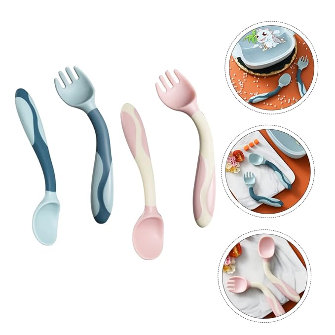 Cabilock 2 Sets Utensils Flexible Silicone Spoons and Forks Soft Bendable Cutlery for Lightweight Portable Tableware