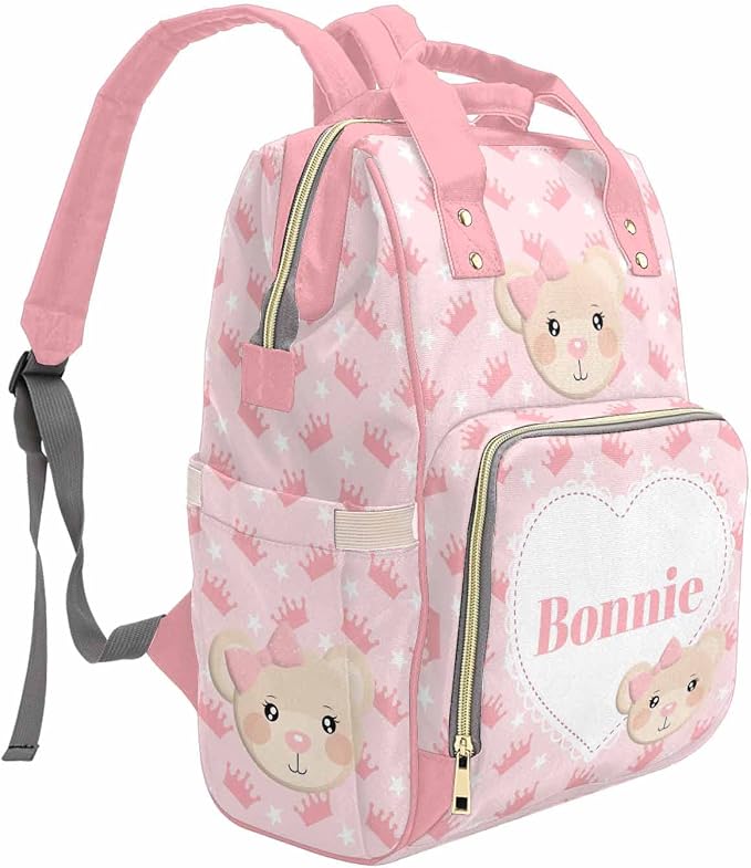 M YESCUSTOM Personalized Pink Crown Print Diaper Bag Custom Multi Function Name Mommy Bag Customized Gift for Mothers Day Fathers Day (Pink)