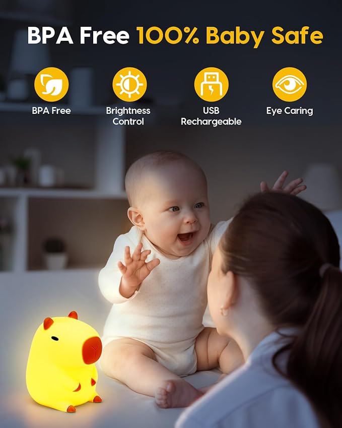Amaredom Capybara Night Light, Adorable Capybara Lamp, Silicone Dimmable Nursery Nightlight, Rechargeable for Kids with 20 Minutes Timer & Tap Control for Baby Girls Women Bedrooms, Living Room
