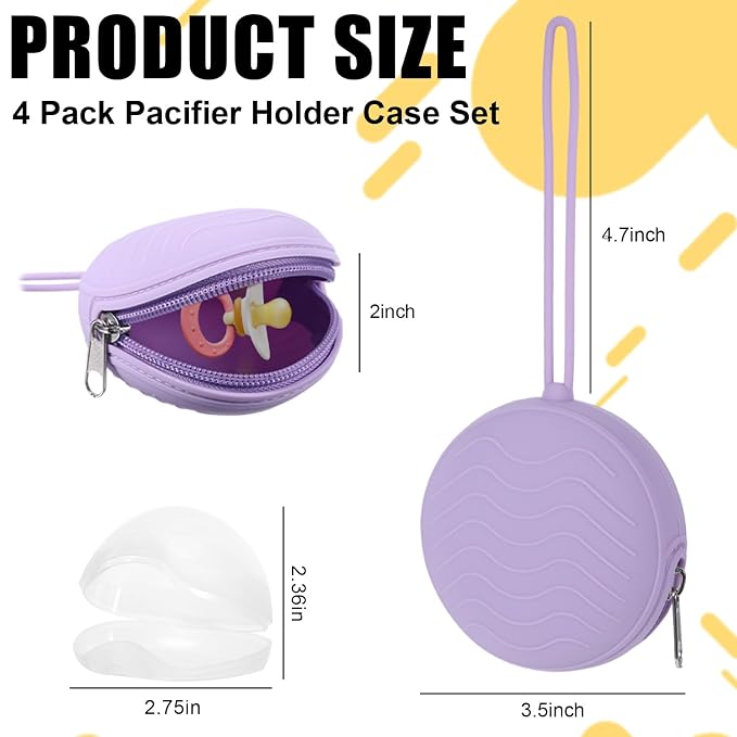 2 Pack Pacifier Holder Bag, 2 Newborn Baby Portable Silicone Pacifier Holder Case, Silicone Holder for Diaper Bag, Travel Outdoor Activities, Easy to Clean (Pink,Purple)