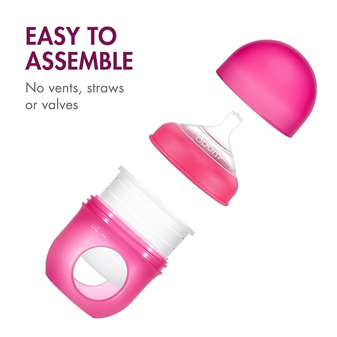 Boon Nursh Reusable Silicone Pouch Baby Bottles - Slow Flow Nipple - Silicone Baby Bottle Pouch and Nipple - Baby Feeding Essentials - Pink - 0-3 Months - 3 Count - 4 Ounce