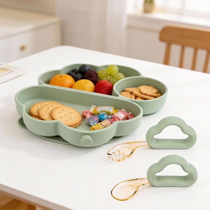 Bebamour Cloud Petal Suction Plate Set Divided Baby Silicone Utensils Tableware Set with Spoons and Forks (Green)