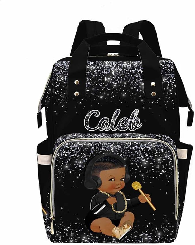 InterestPrint Custom Name Diaper Bag Backpack with Prince Glitter Dot Design, Black, 10.83" L x 6.69" W x 15" H, Waterproof Nylon, Insulated Milk Bottle Pockets, Unisex