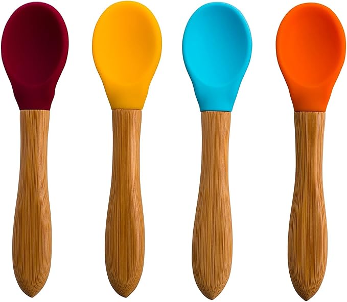 Bamboo Baby Spoons 4 PACK - Toddler Weaning Spoon - Bamboo Handle Silicone Soft Tip Spoon 5.5??Toddlers Weaning Baby Food Utensil - Mom Baby Travel Spoonset