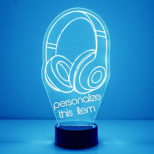 Personalized Gaming LED Sign Night Light Lamp with Remote, Custom Text, Acrylic Display with 16 Colors & 4 Modes, Battery or USB Power, Made in The USA (Headphones)