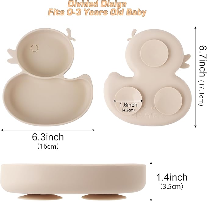 Baby Suction Plate, Silicone Toddler Plate for Kids Baby Weaning Plate Strong Suction Divided Dish with Fork Spoon, BPA Free (Orange) (Beige)