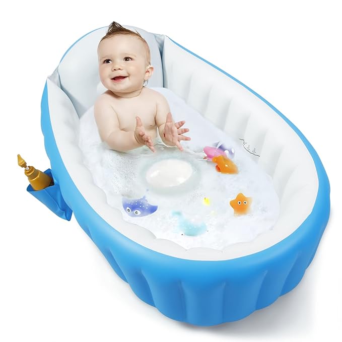 PandaEar Baby Inflatable Bathtub, Portable Travel Baby Infant Bath Tub Toddler Bathtub with Air Pump, Foldable Non-Slip Shower Basin Mini Air Swimming Pool for Newborn (Blue)