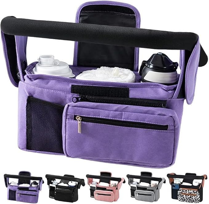 Baby Stroller Organizer, Universal Stroller Organizer with Detachable Phone Bag, Stroller Caddy with 2 Insulated Cup Holders, Buggy Organizer Bag with 2 Hooks Fits Most Strollers (Purple)