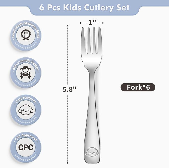 DRKIO Stainless Steel Toddler Forks Set - 6 Pieces Kids Forks Set Children Safe Food Grade Kids Silverware Small Forks Metal Toddler Utensils Dishwasher Safe Mirror Polished