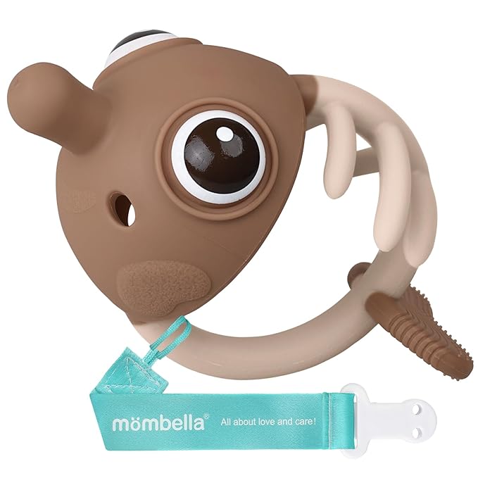 Baby Teething Toys 3-6 Months with Pacifier Clip, Mombella Clownfish Teether for Babies 6-12 Months, Food Grade Silicone Infant Teething Relief Toy, Baby Shower Gifts for Newborn Boys Girls, Tanned