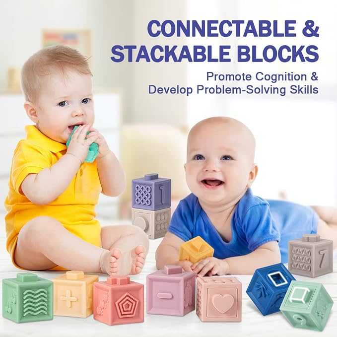 Jyusmile Baby Toys 6-12 Months, Montessori Toy for Babies 6-12 Months, Incl Stacking Building Blocks & Soft Infant Teething Toys & Sensory Balls for Toddlers 0-3-6-9-12 Month