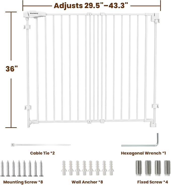 Mumeasy 36" Tall Baby Gate for Stairs, 29.5-43.3" Expandable Hardware Mounted (Drill Needed), Removable No Bottom Bar Dog Gate, Auto Close Wide Walk Thru Safety Gate for Doorways, Pets& Toddlers,White