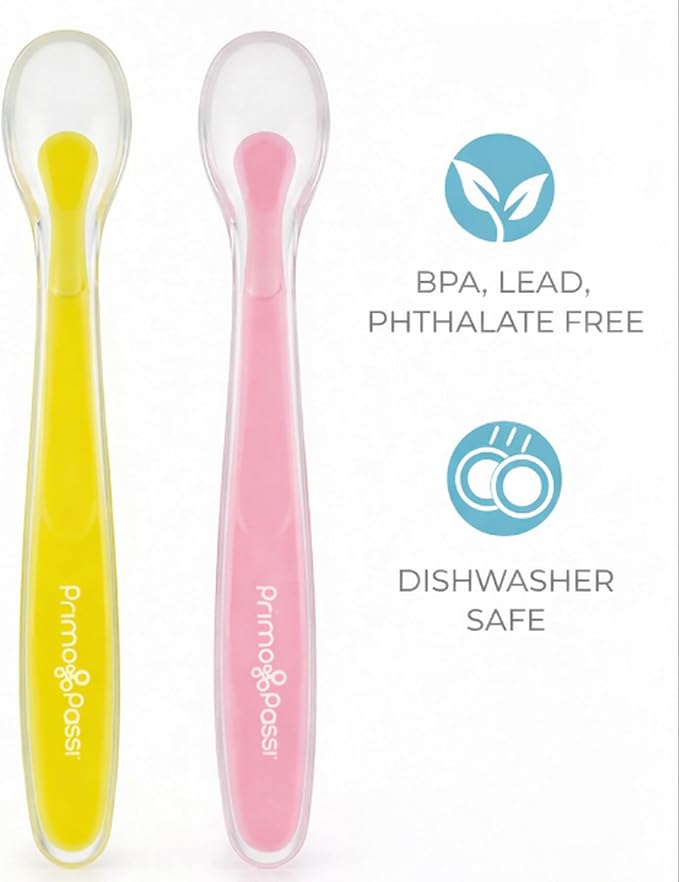 Primo Passi - Baby Infant Toddler Best Soft - Tip Silicone Feeding Spoons I First Stage Training I Gum Friendly 4 Pack Gift Set I Gift Idea for Girls and Boys I BPA Free Baby Utensils - (Girl&Yellow)