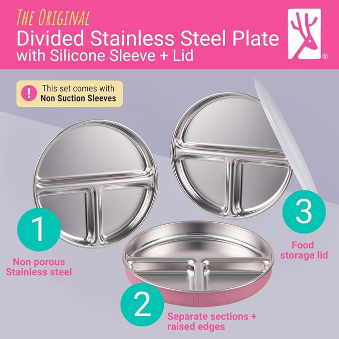 Elk and Friends Stainless Steel Divided Plates + Silicone Sleeve and Storage Lid | Baby, Toddler, Kids | Dinner & Snack Plates | 2 Pack