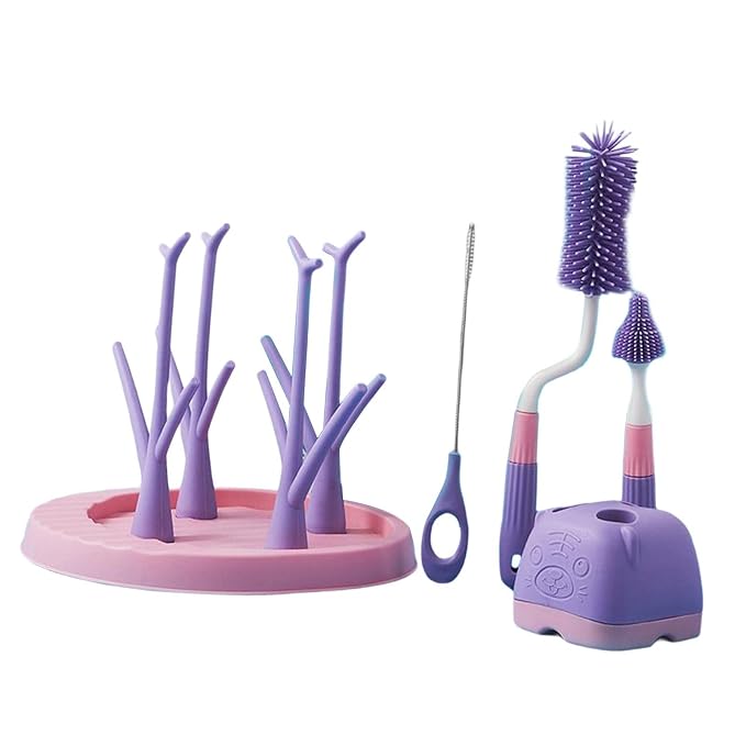 Baby Bottle Drying Rack with Bottle Brush Set, Baby Bottle Holder Baby Bottle Rack and Baby Bottle Brush Cleaner, Violet