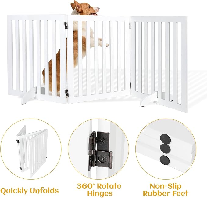 24" Height Dog Gate Pet Gate Foldable with 2PCS Support Feet, 3 Panels Dog Fence Wooden Pet Gates for House Doorways Indoor Outdoor Stairs with Rubber Pads White