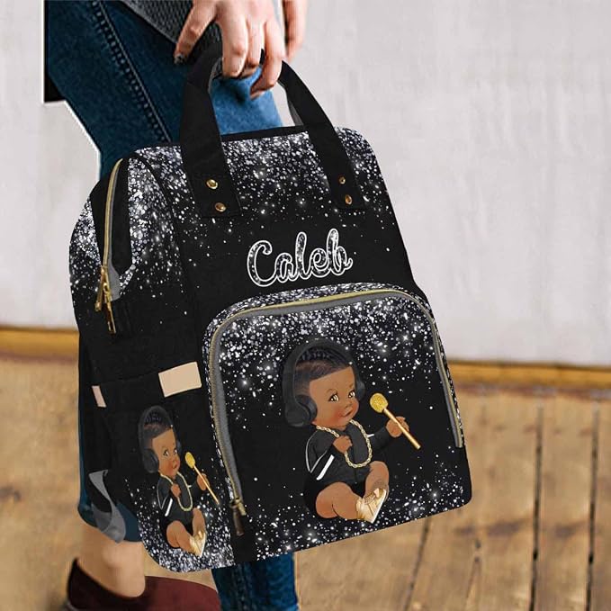 InterestPrint Custom Name Diaper Bag Backpack with Prince Glitter Dot Design, Black, 10.83" L x 6.69" W x 15" H, Waterproof Nylon, Insulated Milk Bottle Pockets, Unisex