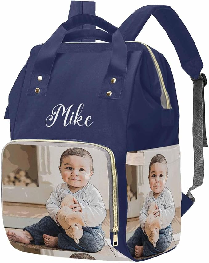 M YESCUSTOM Custom Diaper Bag with Name & Photos for Mom Dad, Personalized Blue Diaper Backpack with Text Waterproof Nappy Mommy Bag for Mother's Day New Born Gift