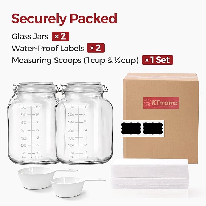 1.1 Gallon Wide Mouth Glass Canisters with Airtight Lids & Measurement Marks (2-Pack) ??Includes 2 Measuring Scoops & Labels, Food Storage Jars for Flour, Sugar & Baking Supplies | BPA-Free