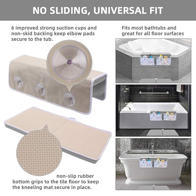 Bath Kneeler and Elbow Rest Pad Set for Baby Bathtub, Thick Non-Slip Bathing Kneeling Mat Cushion Quick Drying Bathtub Knee Saver with Arm Support and Pockets for Bathroom Bathing time Comfort, Gray